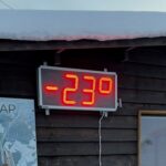 Outdoor thermometer showing −23°C in Lapland