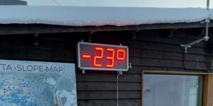 Outdoor thermometer showing −23°C in Lapland